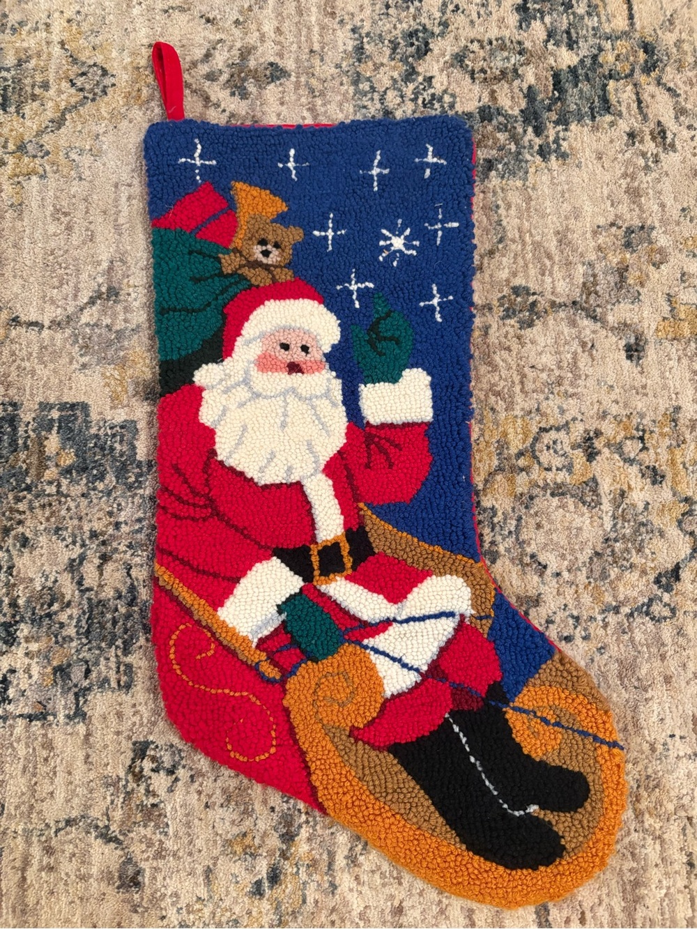 Vintage Santa Claus Hooked Wool Christmas Stocking - Red, Blue, Green